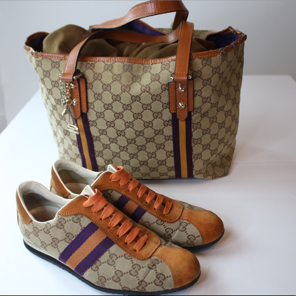 Orange suede Gucci bag and sneaker set
